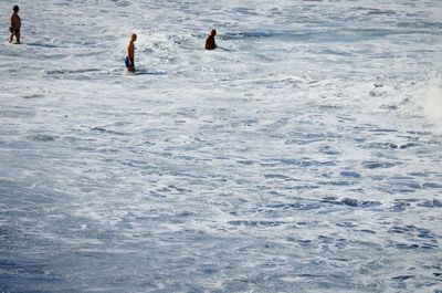 People in frozen lake during winter