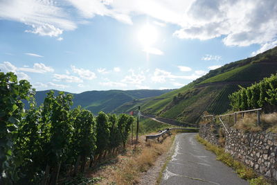 Road leading towards mountains against sky