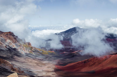 Panoramic view of volcanic landscape against sky