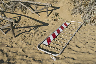 Damaged barrier on sand at beach