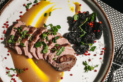 High angle view of food in plate on table