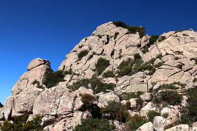 Low angle view of rock formation against clear blue sky