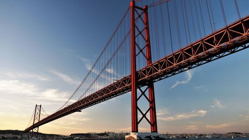 Low angle view of suspension bridge against sky