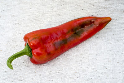 High angle view of red chili peppers