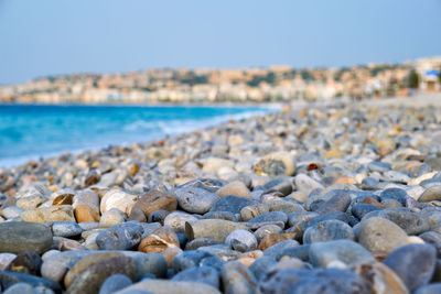 Beach with pebbles in the morning. nice, france