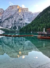 Scenic view of lake with mountains reflection against sky