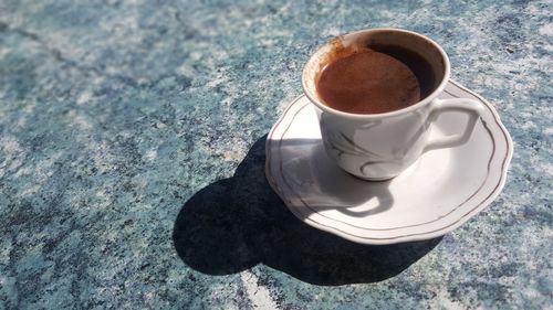 High angle view of coffee cup on table