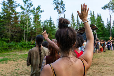 Rear view of women in park