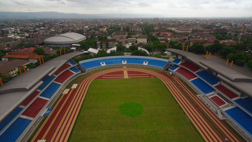 High angle view of buildings against sky