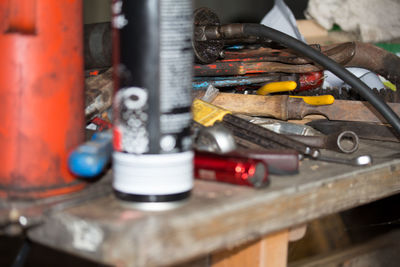 Close-up of machinery on table