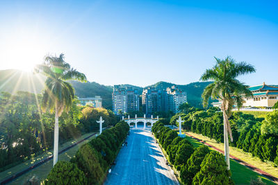 Road amidst trees and cityscape against clear blue sky