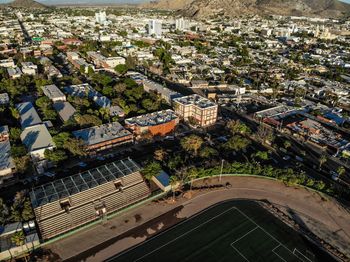 High angle view of townscape against buildings in city