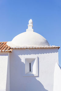 Low angle view of building against clear blue sky