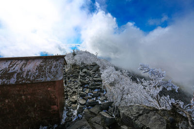 Panoramic view of snow covered mountain against sky