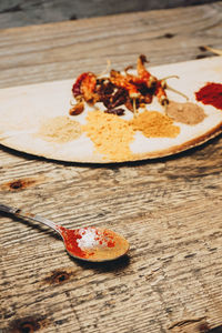 Spoon by spices on wooden table