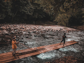 People on rock in forest