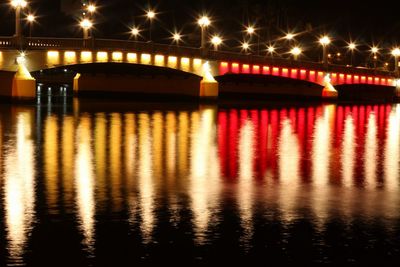 Illuminated bridge over river at night