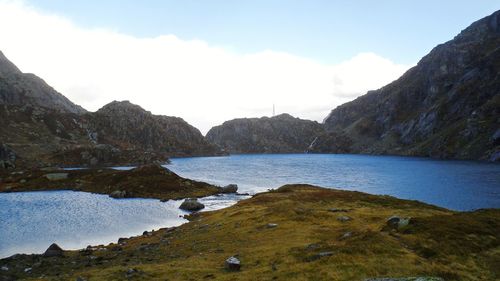 Scenic view of lake and mountains against sky