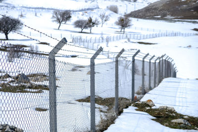 High angle view of snow covered field