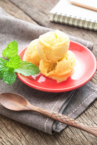 Close-up of ice cream in plate on table