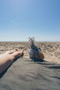 Low section of woman legs by pineapples at beach against clear blue sky
