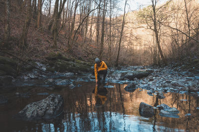 Rear view of man standing in lake