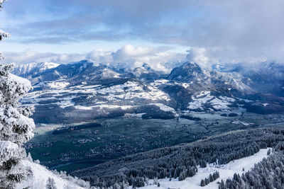 Scenic view of snowcapped mountains taken from roßfeld panoramastraße