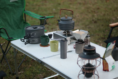 Close-up of camera on field