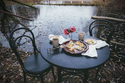 High angle view of cream puffs on table with lake in the background