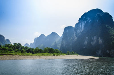 Scenic view of lake and mountains against sky