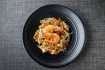 High angle view of noodles in bowl on table