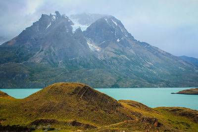 Scenic view of lake and mountains against sky