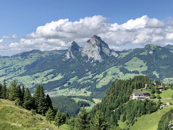 Scenic view of landscape and mountains against sky