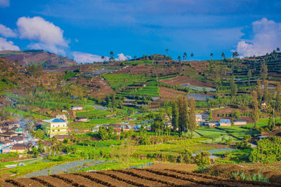 Scenic view of field by buildings against sky