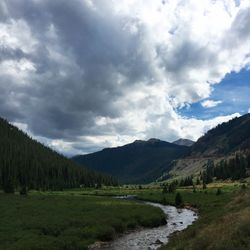 Scenic view of mountains against cloudy sky