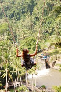 Rear view of woman sitting on swing against trees