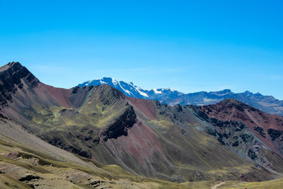 Scenic view of mountains against clear blue sky