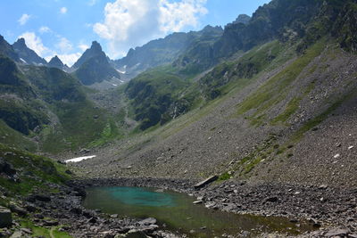 Scenic view of river amidst mountains against sky