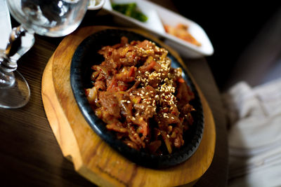 High angle view of food in plate on table