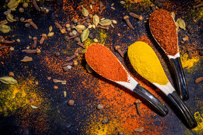 High angle view of indian spices, ingredients for spicy food