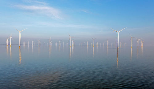 Aerial from windmills in the ijsselmeer at the afsluitdijk in the netherlands