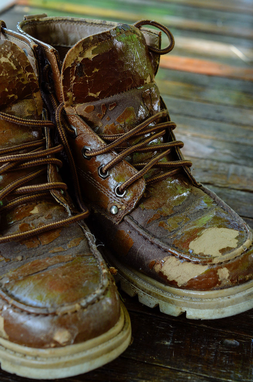 footwear, shoe, boot, no people, close-up, pair, leather, work boots, brown, still life, old