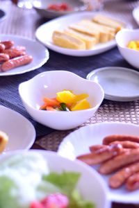 High angle view of food served on table