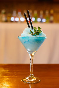 Close-up of dessert in martini glass on table