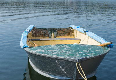 High angle view of boat moored in lake
