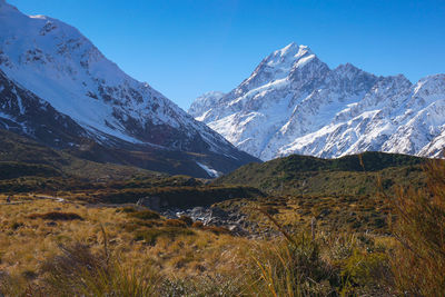 Scenic view of snowcapped mountains against clear sky