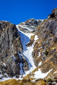 Low angle view of snowcapped mountains against clear blue sky