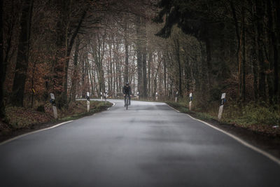 Man riding bicycle on road at forest