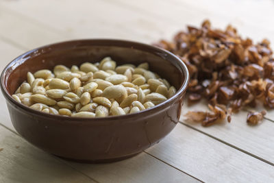 High angle view of rice in bowl on table