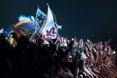 Crowd with flags in concert against sky at night